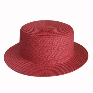 Red flat top straw hat breathable sun protection beach boater hat for summer outdoor
