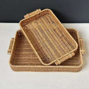 Cesto Portaoggetti in Rattan Sintetico Nordico Tessuto a Mano Vassoio per Frutta Rettangolare Organizer da Scrivania con Manici in Legno