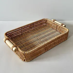 Cesto portaoggetti in rattan intrecciato rettangolare fatto a mano con manici in legno