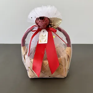 Handgemaakte houten geweven geschenk mand bruiloft rotan opbergmand met strik en bloem