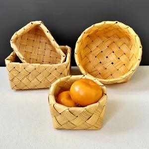 Japanese Style Handwoven Wood Storage Basket For Fruit Snacks Desktop Organizer Picnic Basket Natural Wood Chip Kitchen Basket