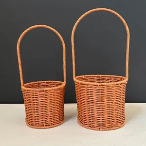 Handwoven plastic rattan flower basket portable storage gift basket set of two for home
