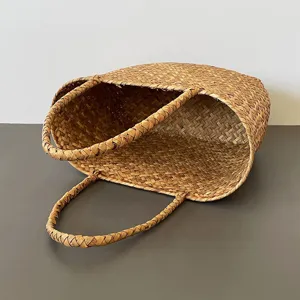 Detailed view of the handcrafted seagrass woven basket showcasing natural textures