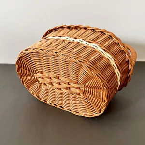 Cesta de almacenamiento tejida vista de detalle, material ratán de plástico, primer plano hogar.