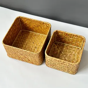 Handmade straw woven storage box square desktop organizer baskets set for home sundries storage