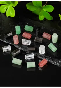 Detailed macro shot showing colorful natural crystal hexagonal beads for jewelry DIY crafts