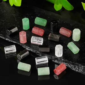 Natural Crystal Hexagonal Pillar Beads For DIY Jewelry Making Strawberry Quartz Obsidian White Crystal Polished Loose Stone