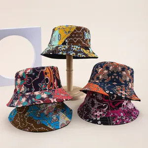 Modischer Patchwork-Fischerhut mit buntem Vintage-Druck, doppelseitiger Freizeitsonnenhut für Damen.