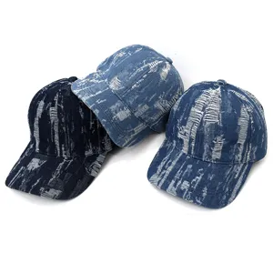Retro Washed Denim Baseball Cap Unisex Distressed Printed Sun Hat Casual Outdoor Cotton Curved Brim Dad Hat Adjustable