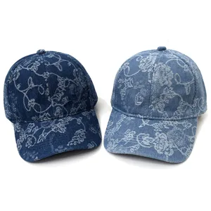 Retro washed denim baseball cap with floral print, versatile casual sun hat for daily wear.