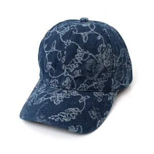 Retro washed denim baseball cap with white floral print, casual sun protection hat for couples.