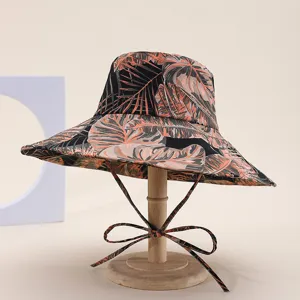 Women's wide brim bucket hat tropical leaf print foldable sun protection beach summer hat