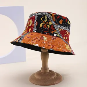 Vintage Patchwork Druck Bucket Hat für Damen, beidseitig tragbarer Sonnenhut lässig.