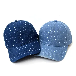 Vintage washed denim baseball cap with white polka dots, casual couple sun hat and style.