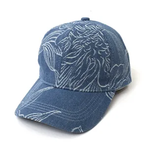 Vintage washed denim baseball cap with abstract white print, casual outdoor sun protection hat.