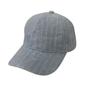 Detailed view of retro washed denim texture baseball cap, casual sun hat fabric and stitch close-up.
