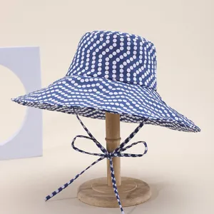 Women wide brim bucket hat blue white polka dot foldable sun protection beach travel sun hat
