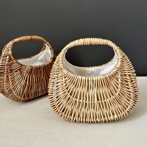 French Vintage Woven Willow Rattan Handbag Summer Beach Vacation Moon-shaped Straw Basket Bag For Women Handwoven Tote
