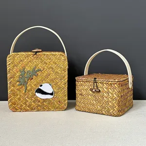 Handmade woven bamboo basket gift box and natural straw storage rattan container decor