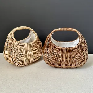 Detailed view of French vintage woven rattan moon handbags, showcasing natural wicker texture.