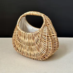 Handwoven Rattan Crescent Bag French Summer Beach Wicker Handbag Retro Straw Basket Purse