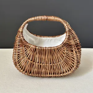 Woven wicker rattan handbag moon shaped French summer resort vintage basket tote bag detail