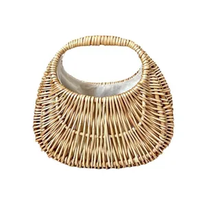 Woven rattan crescent handbag for women, chic summer beach straw shoulder bag, vintage style.