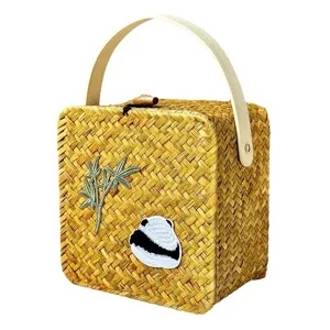 Handmade woven straw gift box with panda and bamboo embroidery, square storage basket with handle.