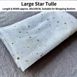 White star mesh fabric with gold sequins for gift basket wrapping 80x100cm
