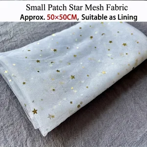 Elegant white mesh fabric featuring gold foil star and moon patterns, 50x50cm size