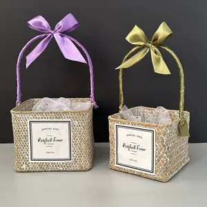 Handwoven Square Straw Gift Basket Portable Woven Willow Basket With Ribbon Bow For Wedding Birthday Party Favors Storage Basket