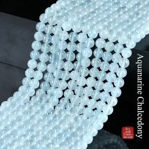 Cuentas Sueltas de Aguamarina de Calcedonia Azul Translúcida de Hielo Natural para la Creación de Joyería DIY Cuentas de Piedra Redonda para Pulseras Collares Accesorios