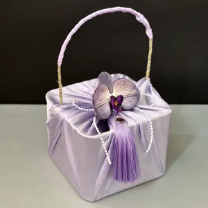 Handmade Satin Wrapped Gift Basket Wedding Bridesmaid Souvenir Packaging Box With Artificial Flower Pearl Tassel