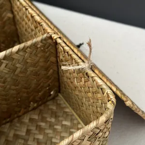 Close-up detail of traditional hand-woven seagrass texture and rustic twine knot.