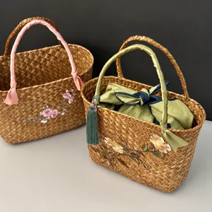 Panier Tissé en Paille Sac à Main Brodé Panier de Rangement avec Poignée en Ruban et Gland