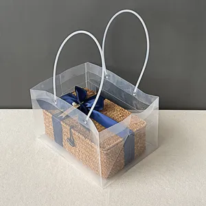 Sac cadeau transparent en PVC avec boîte de rangement tressée et ruban bleu pour mariage
