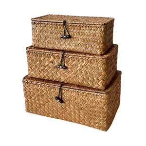 Boîte de rangement en jonc de mer tissé main lot de 3 avec couvercle panier rectangulaire pour maison.