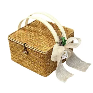 Boîte cadeau en rotin de paille tissée à la main avec poignée couvercle ruban mariage