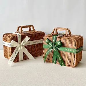 Detailed view of elegant rattan woven gift baskets with decorative silk love ribbons