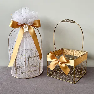 Gold Metal Wire Mesh Gift Basket With Tulle Ribbon Bow For Wedding Birthday Mother Day Party Storage Basket