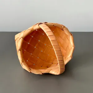 Handmade wooden chip woven basket, portable small storage organizer for gifts and home decor.