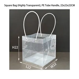 Borsa regalo quadrata trasparente con manici in tubo PE, dettaglio 22x22x22 cm