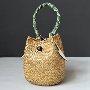 Handmade Woven Straw Bucket Bag Vintage Beach Handbag Women Casual Summer Vacation Woven Basket With Silk Scarf Accessory