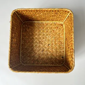 Woven storage basket square straw desktop organizer handmade snack sundries holder container