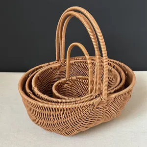Detailed shot of nested plastic rattan woven storage baskets, handmade flower basket design.