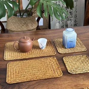 Handmade natural seagrass woven placemat vintage table mat retro cup coaster heat insulation pad