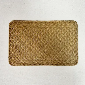 Handmade woven placemat retro seagrass straw mat square heat insulation pad tea table decor