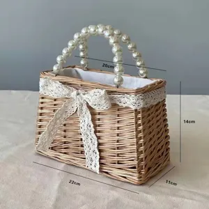 Detailed view of pearl handle woven basket with dimensions 22x11x14cm