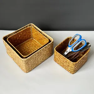 Handmade straw woven storage basket desktop sundries snack organizer square rattan box