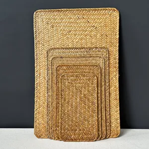 Handmade natural straw woven placemat set, vintage rectangular heat insulation mat.